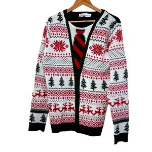 Ugly Christmas Cardigan Tie Fair Isle Sweater M M Red Green Reindeer Trees Tie